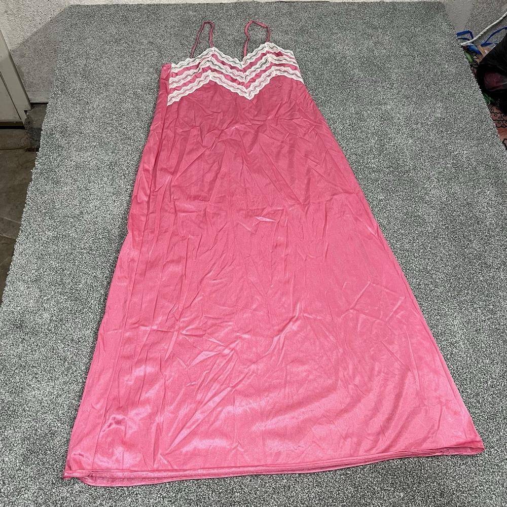 Vintage Shadowline Pink Nylon Nightgown Lace Trim Maxi Made in USA Large NWT